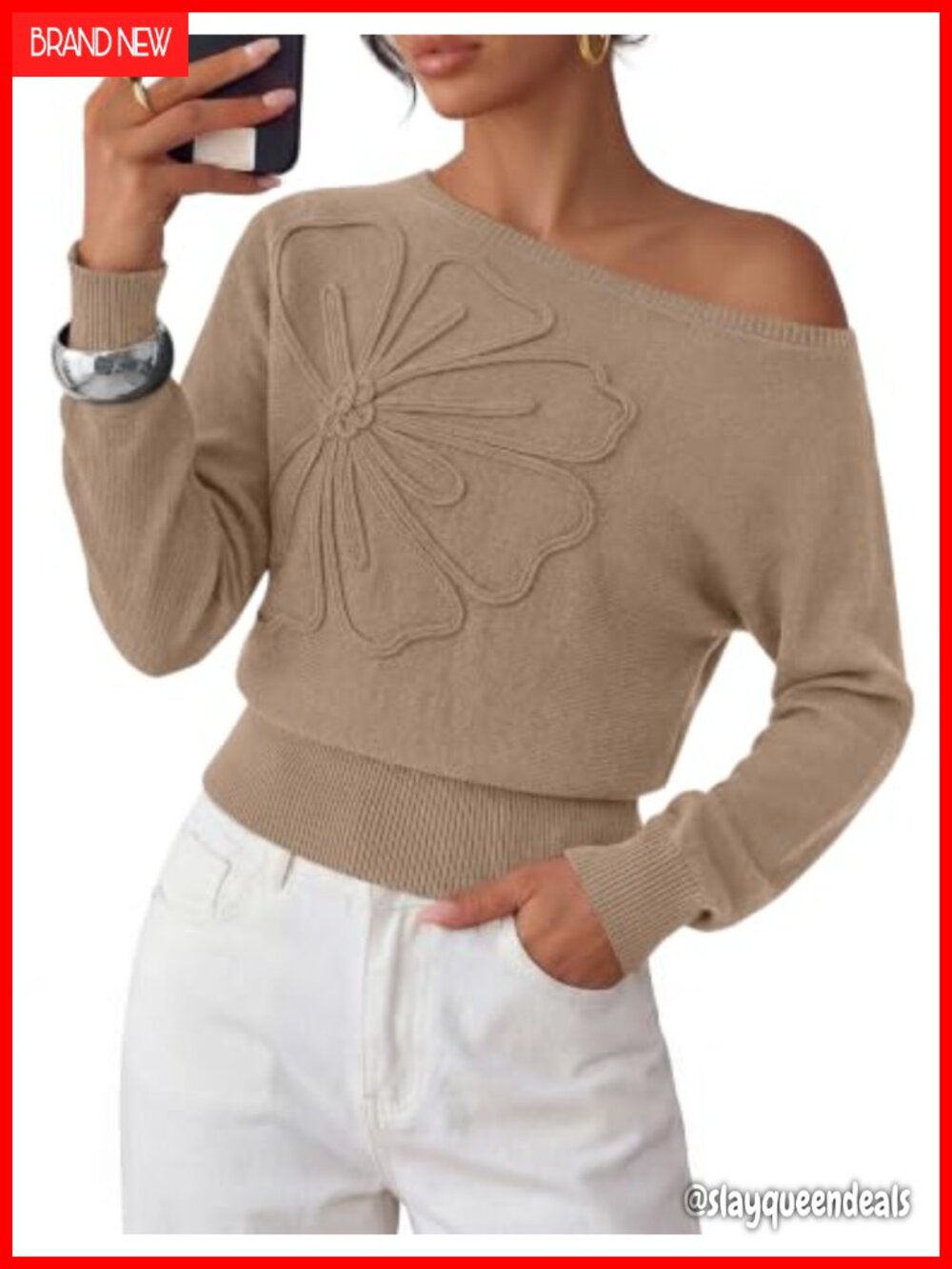 Off Shoulder Sweater Convertible Boat Neck 3D Flower Knit Pullover